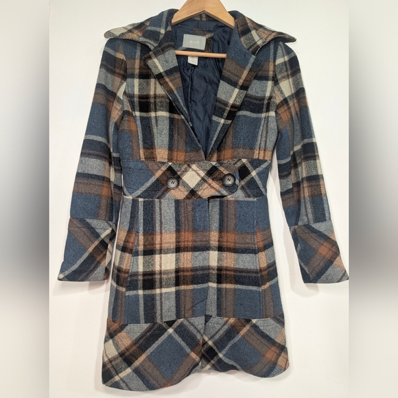 dELiA*s Jackets & Blazers - dELiA*s Vintage Junior's XS Blue Brown Plaid Pea Coat Wool Blend Y2K 90s